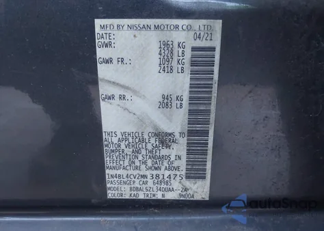 2021 Nissan Altima Sr Fwd from USA, damaged, VIN 1N4BL4CV2MN381475